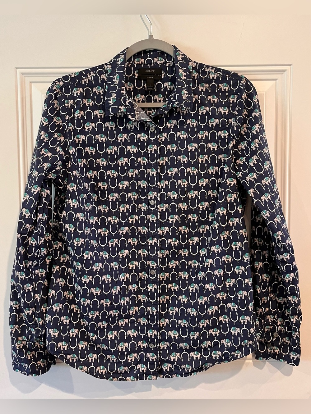 J. Crew Navy Elephant-Print Perfect Shirt Button Down with Teal Accents